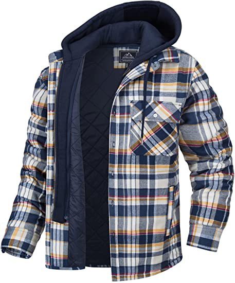 Men's Plaid Hooded Coat Winter Warm Button Zip-up Jacket Fashion Casual Thick Padded Long Sleeves Outerwear Clothing