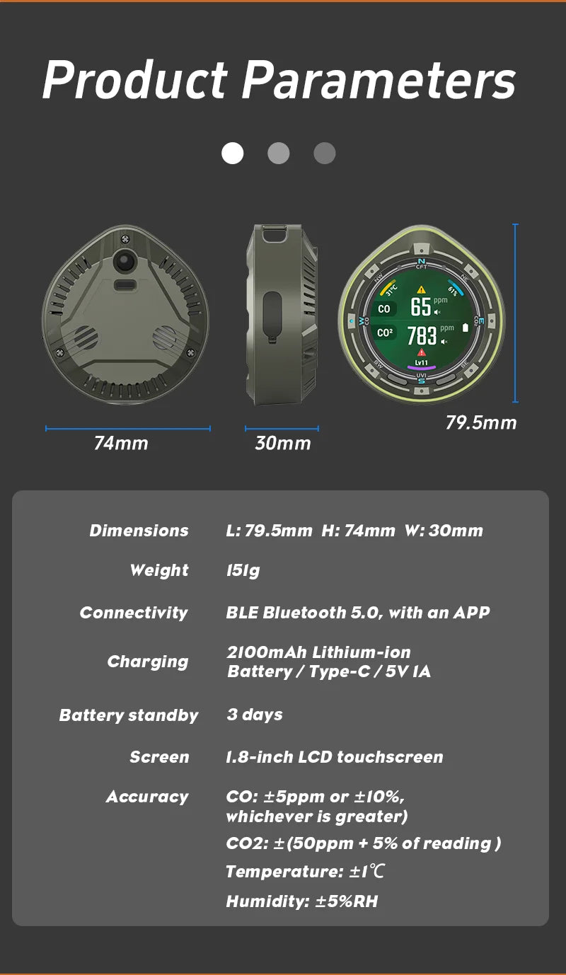 Protmex Portable Multifunctional Carbon Monoxide CO2 Detector Air Quality Meter Temperature Humidity Meter with Touch Screen UV