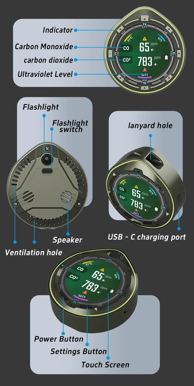 Protmex Portable Multifunctional Carbon Monoxide CO2 Detector Air Quality Meter Temperature Humidity Meter with Touch Screen UV