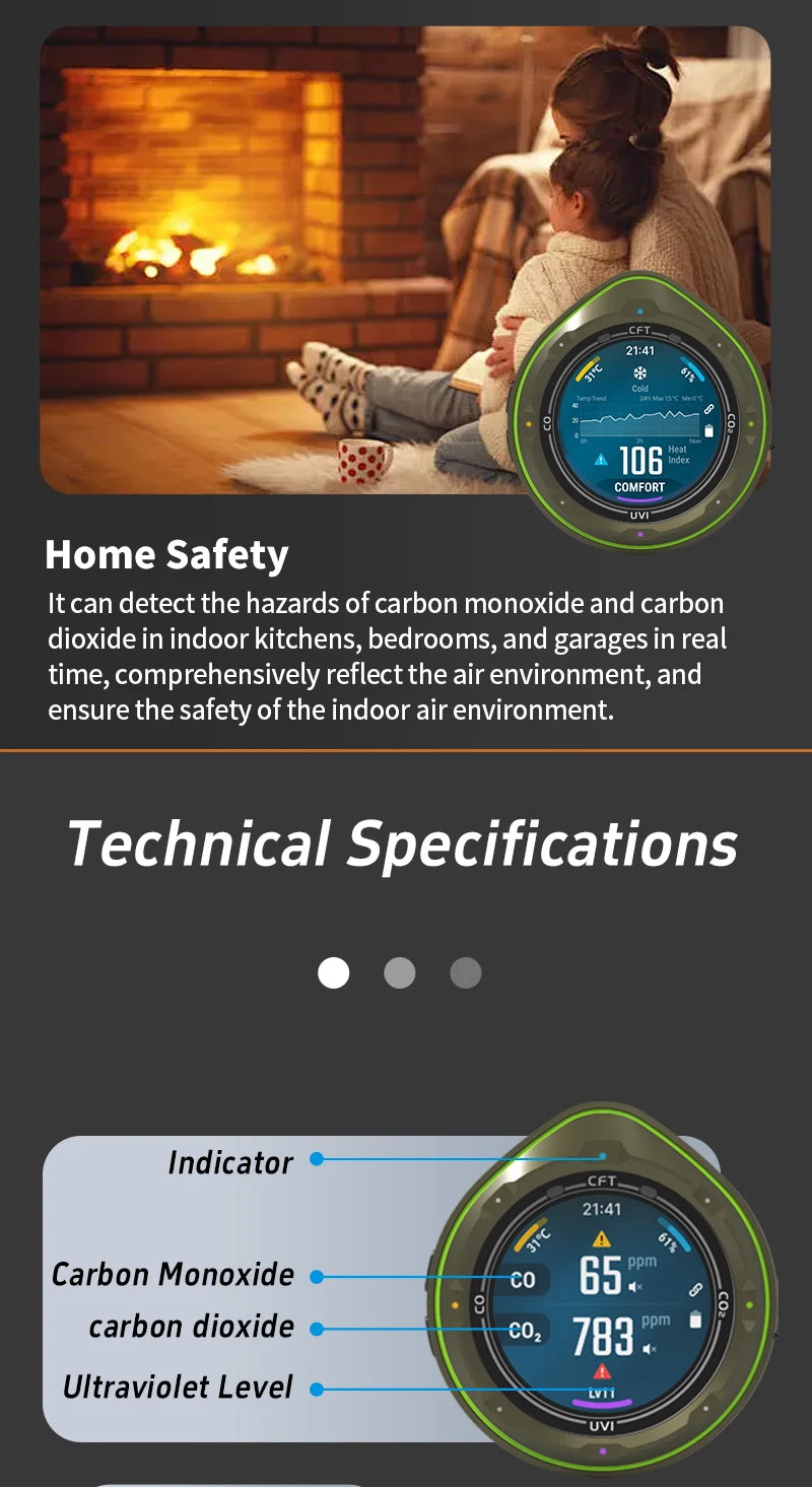 Protmex Portable Multifunctional Carbon Monoxide CO2 Detector Air Quality Meter Temperature Humidity Meter with Touch Screen UV