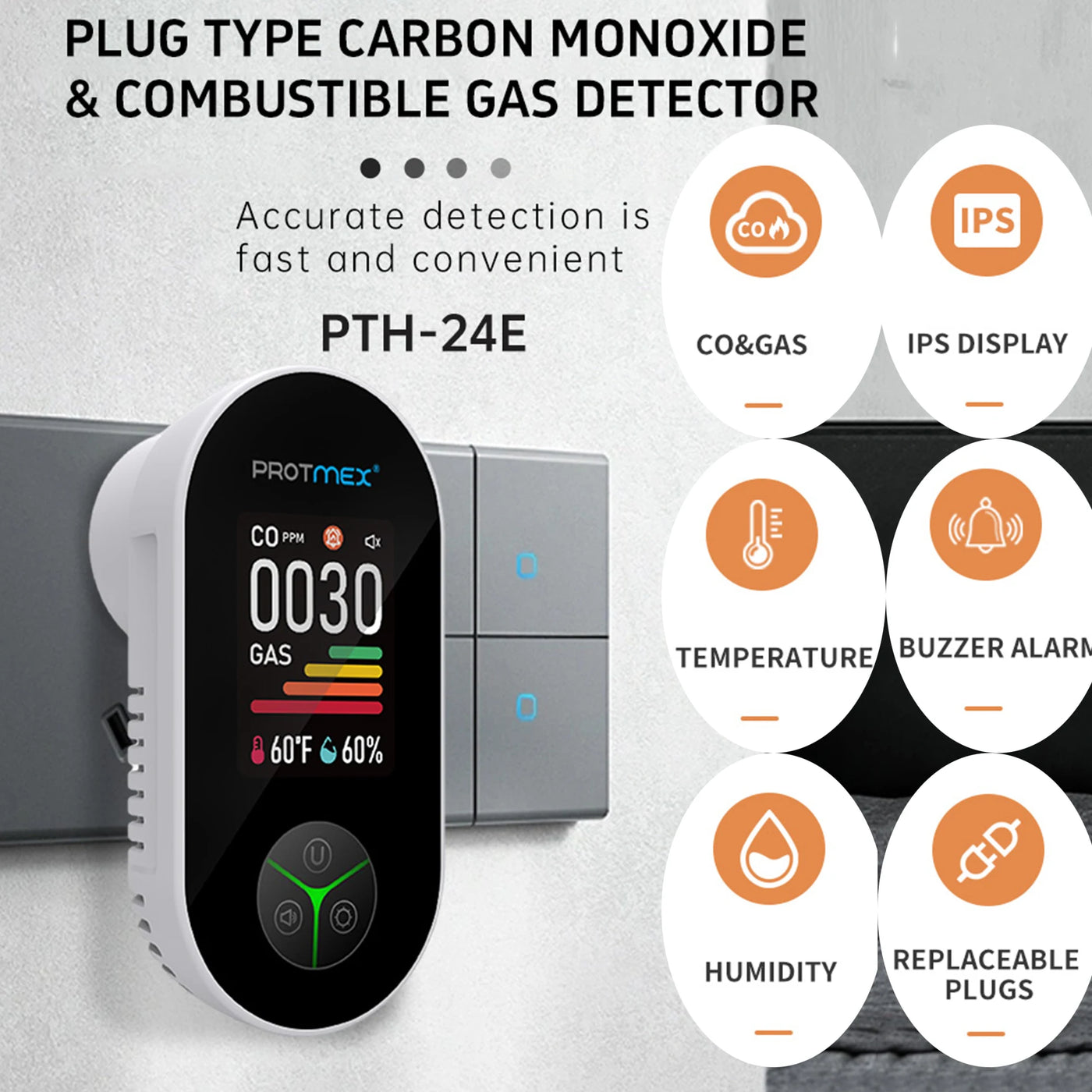 Protmex 4 in 1 Carbon Monoxide Detector Plug in Wall, Home CO Gas Detector with Temperature & Humidity Monitoring Large Screen