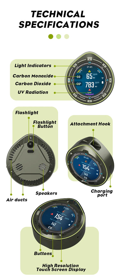 Protmex Portable Multifunctional Carbon Monoxide CO2 Detector Air Quality Meter Temperature Humidity Meter with Touch Screen UV