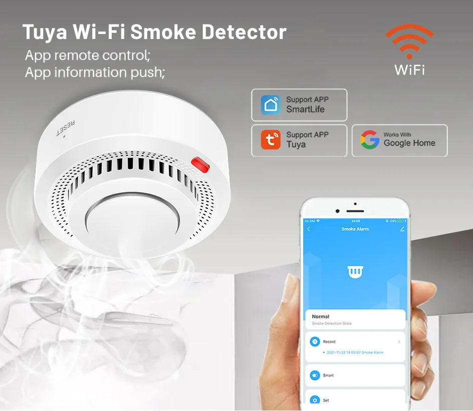 Tuya WiFi Smoke Detector Real-time Monitoring Remote Alarm Notification App Control Works With Alexa Google Home
