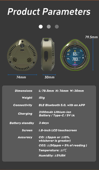 Protmex Portable Multifunctional Carbon Monoxide CO2 Detector Air Quality Meter Temperature Humidity Meter with Touch Screen UV