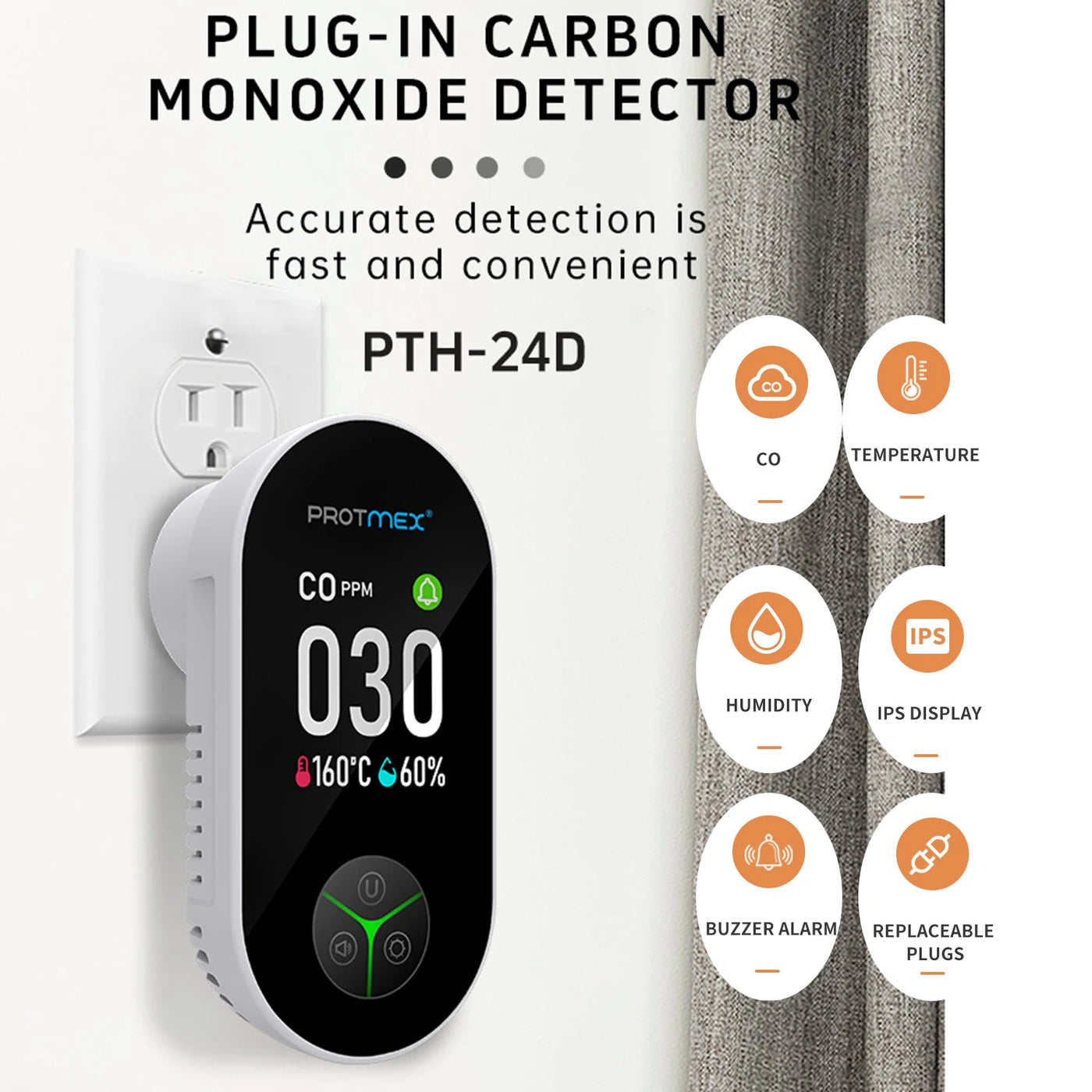Protmex 4 in 1 Carbon Monoxide Detector Plug in Wall, Home CO Gas Detector with Temperature & Humidity Monitoring Large Screen