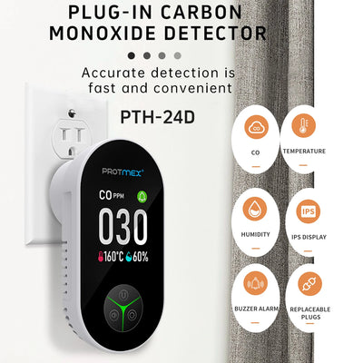 Protmex 4 in 1 Carbon Monoxide Detector Plug in Wall, Home CO Gas Detector with Temperature & Humidity Monitoring Large Screen
