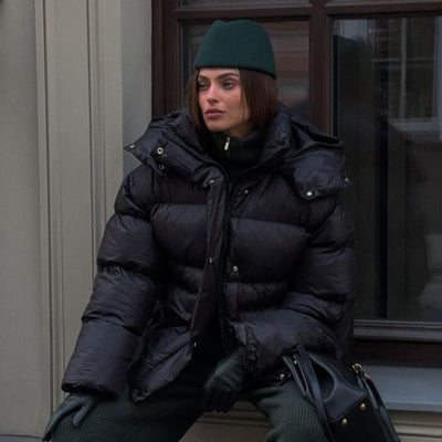 Women's Cottonpadded Overcoat Jacket Square Pocket Cushion Warm Hooded Cotton