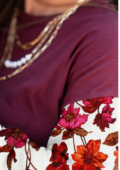 Wild Ginger Contrast Floral Sleeve Solid Ribbed Body Patchwork Long Sleeve Top