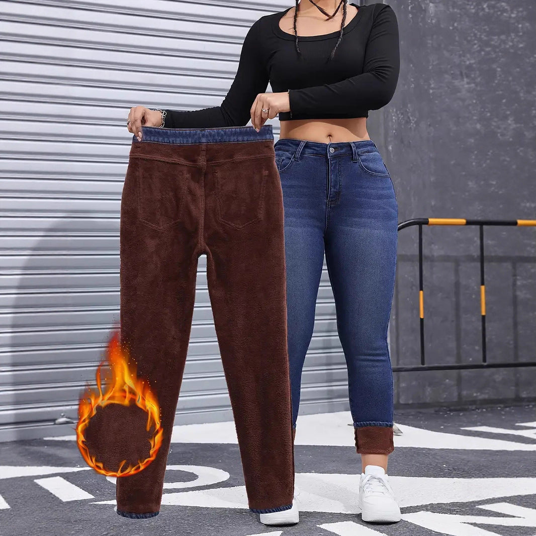 Autumn And Winter Brushed Womenswear Elastic Skinny Jeans