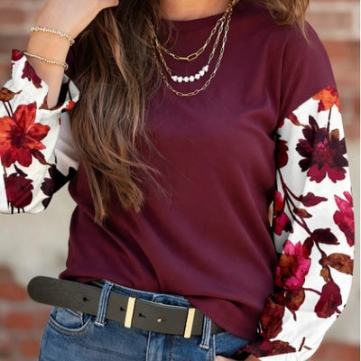 Wild Ginger Contrast Floral Sleeve Solid Ribbed Body Patchwork Long Sleeve Top