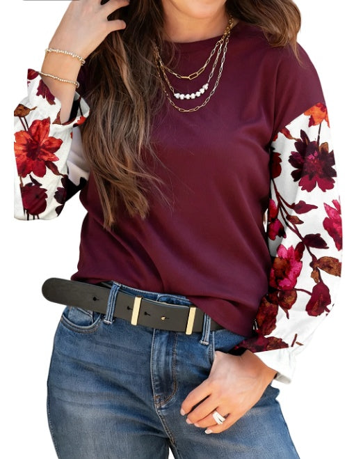 Wild Ginger Contrast Floral Sleeve Solid Ribbed Body Patchwork Long Sleeve Top
