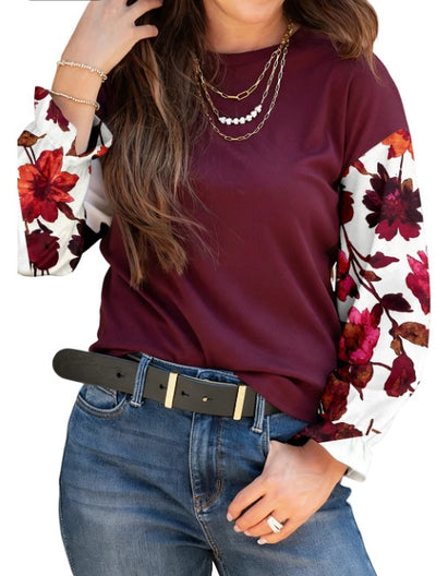 Wild Ginger Contrast Floral Sleeve Solid Ribbed Body Patchwork Long Sleeve Top
